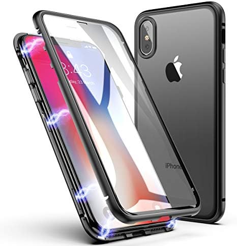 iPhone Xs MAX Case, ZHIKE Magnetic Adsorption Case Front and Back Tempered Glass Full Screen Coverage One-Piece Design Flip Cover [Support Wireless Charging] for Apple iPhone Xs MAX (Clear Black)