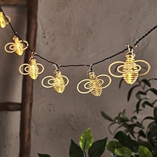 Lights4fun Outdoor Garden Gold Metal Bumble Bee String Fairy Lights with 10 Warm White LEDs Battery Operated Timer 1.8m