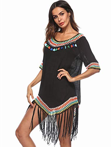 Traje de baño de Mujer Falda de Playa de Ganchillo Top Poncho de Punto Bikini Bikini de Camuflaje de Verano(black-P1870) Cover