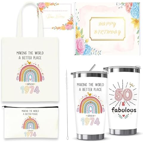 HAOQINA 50th Birthday Gift for Her, Best Gifts 50th Birthday Gift Set for Women, Since 1974 & 50 Fabulous Birthday Gifts Canvas Tote Bag & Coffee Mug Tumbler (50 Birthday-g01) Cover