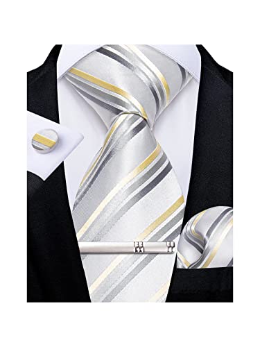 Image of DiBanGu Mens Striped Tie Silk Woven Necktie and Pocket Square Cufflinks Tie Clip Set Wedding Business Formal Gift Tie for Men