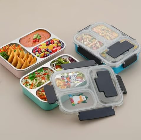 Image of Home Lane Stainless Steel Lunch Box | Lunch Box for Office | Lunch Box for School | Tiffin Box I Ideal for 12+Year Teenagers | 22X16X6 Cm | 1000Ml (3 Compartment, Multi Colour)