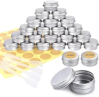 Redamancy 24 pcs Aluminium Empty Containers, 5ml Aluminium Tins Jars, Lip Balm Tins with Screw Lids, Round Travel Cream Jars with Labels and Mini Spatula, for Lip Balm, Lotion, Cream, Mini Candles