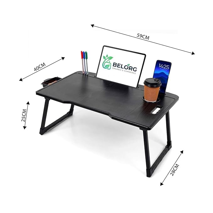 Image of Wood Smart Multipurpose Foldable Laptop Table with Cup Holder, Study Table, Bed Table, Breakfast Table, Foldable and Portable /Ergonomic & Rounded Edges /Non-Slip Legs (Black)