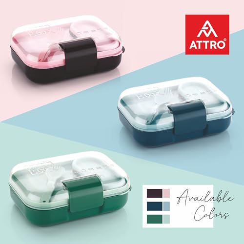 Image of ATTRO Food Bite Kids Plastic Lunch Box - 3 Compartments, 1 Small Container & Spoon, with Stylish Lid BPA-Free, Freezer Safe, Ideal for School, Travel & Outdoor - Purple Pink-500ml