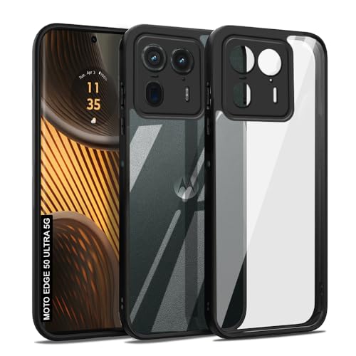 Image of AESTMO Moto Edge 50 Ultra 5G Back Cover | 360 Protection | Crystal Clear Hard Back Transparent | Bumper Case for Moto Edge 50 Ultra 5G (PC+TPU, Black Bumper)