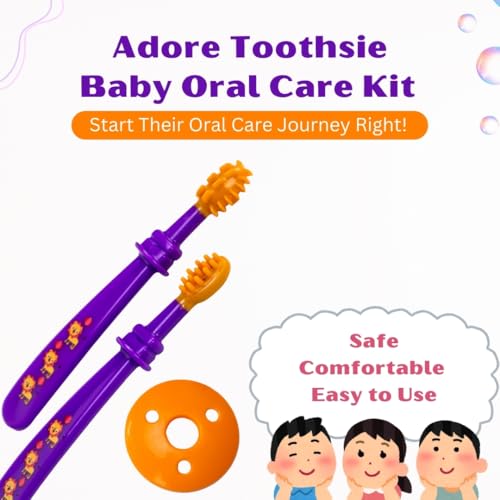 Image of Adore Toothsie Baby Toothbrush |Oral Kit with Soft Chewable Bristle Beginner Brushing | Silicone Toothbrush for Toddler Kids (2Pcs) (Purple, Standerd)