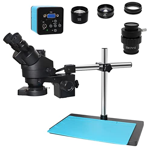 Microscope Trinocular Stereo Microscope with Simul-Focal Continuous Zoom 3.5X-90X Magnification + Camera Double Arm Stand 0.5X 2.0X Lens(Add VGA CTV 0.5X)