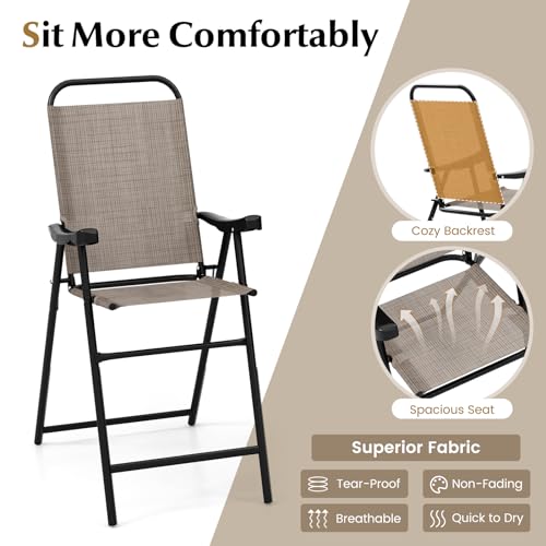 Image of COSTWAY 2 Pieces Patio Folding Bar Chairs with Metal Frame, Footrest, Arms | Outdoor Counter Height Bar Stools with High Backrest, High Top Chairs for Balcony, Garden, Deck, Porch & Poolside (Coffee)