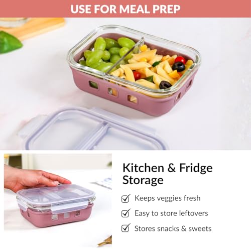 Image of Nestasia Glass Lunch Box with Silicone Sleeve (600ml) - Borosilicate Glass Lunch Box with 2 Compartments for Office | Microwave & Freezer Safe, Leak-Proof Tiffin Box with Clip Locks (Mauve)