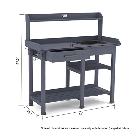 Elevens Potting Bench Tables Outdoor, Potting table with Sink Garden Work Station Planting Bench with Storage Drawer Cabinet and Open Shelf for Backyard, Patio and Lawns, 45.3*17.8*47.7” (6 Feet/Grey)