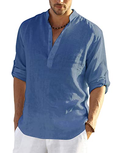 COOFANDY Men's Linen Cotton Shirts Long Sleeve Regular Fit Casual Henley Lightweight Summer Beach Shirts