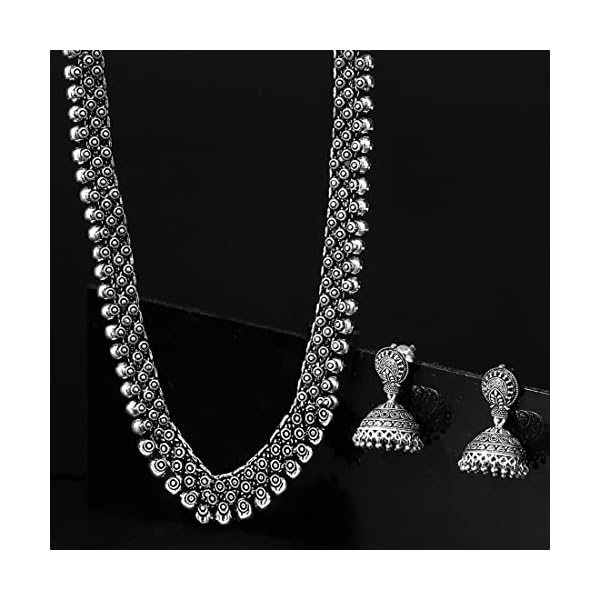 Yellow Chimes Ethnic German Silver Oxidised Long Choker Necklace Set with Earrings Traditional Jewellery Set for Women and Girls - Image 5