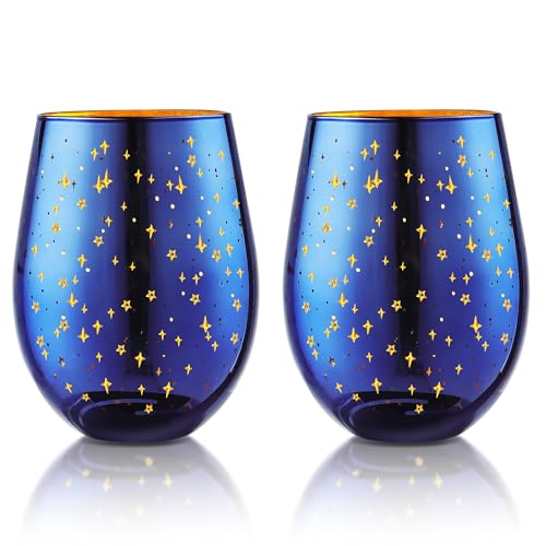Joeyan Christmas Stemless Wine Glasses Set of 2, 540ml Short Wine Glass with Star Patterns, Personalized Glassware Tumblers Glasses Drinking Cups for Red White Wine, Water, Cocktail, Juice, Blue