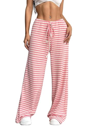 Image of Women's Casual Checkered Pants Drawstring Elastic Waist Comfy Loose Straight Wide Leg Plaid Pants with Pockets