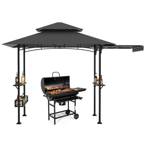 Peviasot Grillpavillon 238 x 148 x 242 cm mit Seitenvordach, BBQ Pavillon mit Doppeldach, 2 Seitenablagen, Ablagekorb, 10 Haken, Flaschenöffner, UV30+ Sonnenschutz, dunkelgrau, für Garten und Terrasse