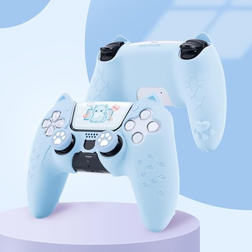 Image of GeekShare Cute Cat Paw PS5 Controller Skin Set Anti-Slip Silicone Protective Cover Skin Case for PS5 Wireless Controller with 2 Thumb Grip Caps and 1 Sticker (Blue)