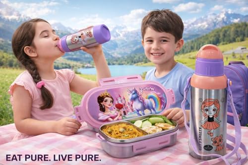 Image of Kids Stainless Steel Water Bottle with Sling Strap & Cartoon Lunch Box Set | School Tiffin and Water Bottle Combo for Girls | Princess Unicorn Design | BPA Free | Pink & Purple