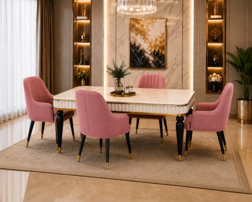 Image of 4 Seater Dining Table Set with Nano Composite Marble Top, Solid Wood Base & 4 Upholstered Chairs, Modern Dining Table Set for Home & Dining Room Furniture (Pink, White Marble Top, 4 Seater)