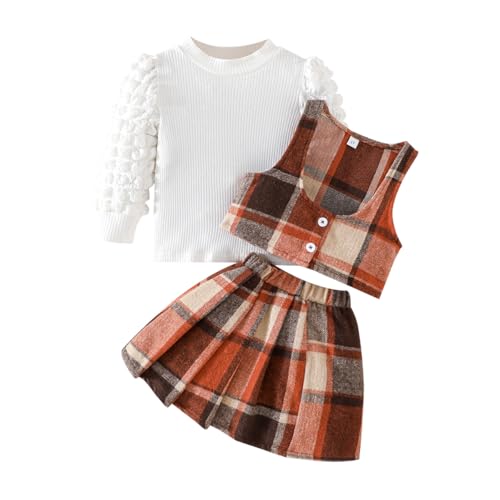 Image of Toddler Girls Christmas Outfits Girls Puff Sleeve Knit Ribbed Tops Button Down Vest Plaid Skirt Set Winter Clothes