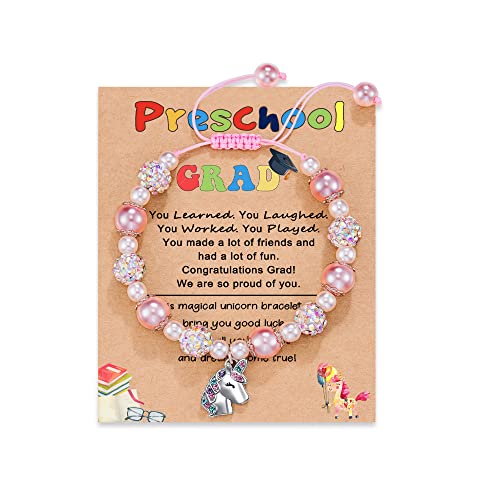 HGDEER Kindergarten/Preschool Graduation Gifts for Little One | Pink Pearl and Rhinestone Balls Unicorn Bracelet | Adjustable Length | Suitable for Daughter Granddaughter Niece