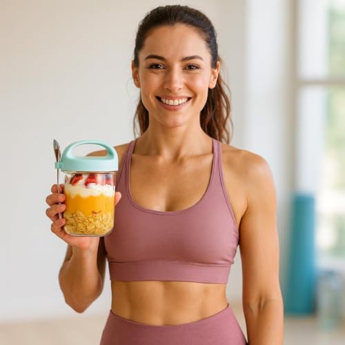 Image of Zephorus Overnight Oats Glass Jar with Lid and Spoon Portable Mason Oatmeal Container Breakfast Cup | Large Kitchen Storage for Healthy - Fruit, Milk, Salad, Nuts, Yogurt (Multicolor, pack of 1)