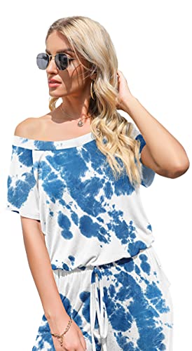 Doubcq Womens Casual Short Sleeve Jumpsuits Elastic Waist Jumpsuit With Pockets(Tie Dye Blue, Large) #TOP3