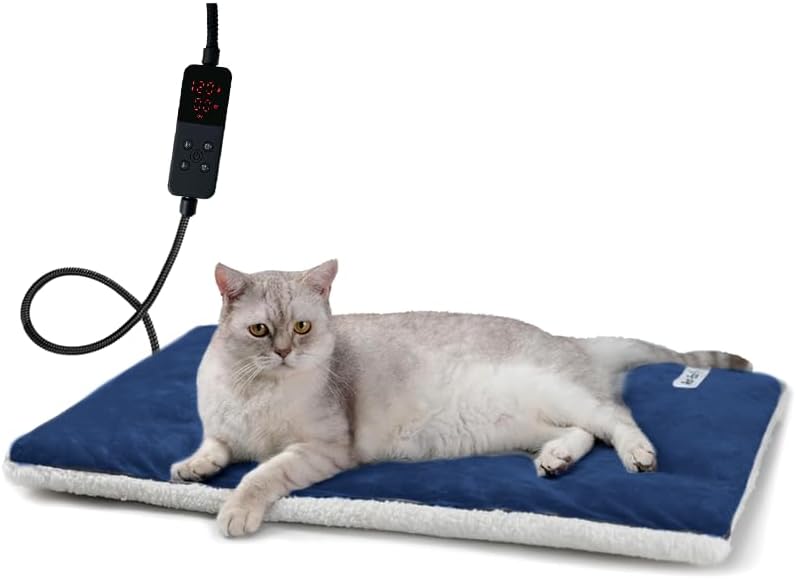 Rest-Eazzzy Heated Cat Bed with Removable Cover, 5 Level Timer & Temperature, Indoor Warming Mat for Cats & Dogs (Heat Pad, Pure-Blue, M)
