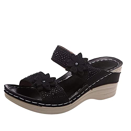 Genérico Sandalias Mujer Hebilla Chanclas Niña Piscina de punta abierta transpirables con cuñas flores a la para mujer, zapatos playa sin cordones Deportivas (Black, 43)