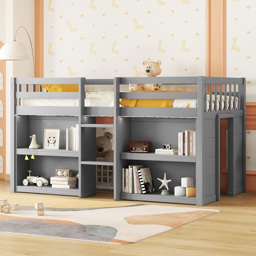 AVGVLIJ Twin Size Kid Low Loft Bed with 2 Tier Shelves and LED Light, Kids Solid Wood Modern Bed Frame, Toddler Loftbeds, No Box Spring Needed, for Kids Boys Girls (Grey)