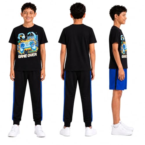 Image of Pro Athlete Boys Pants Set - 3 Piece Active Short Sleeve Graphic Tees Athletic Shorts and Jogger Sweatpants for Boys
