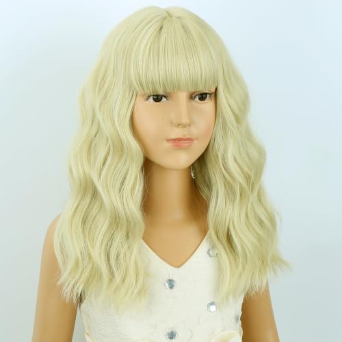 Image of Kids Light Blonde Wig Girls Short Blonde Wavy Curly Wigs Child Wig with Air Bangs Synthetic Cosplay Hair Wigs