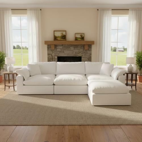 Forest aesthetics Modular Sectional Sofa Cloud Couch,Down Filled Comfy Cloud Modern Sofa,White Linen L Shape Oversized Couch Cushion Covers Removable Furniture for Living Room