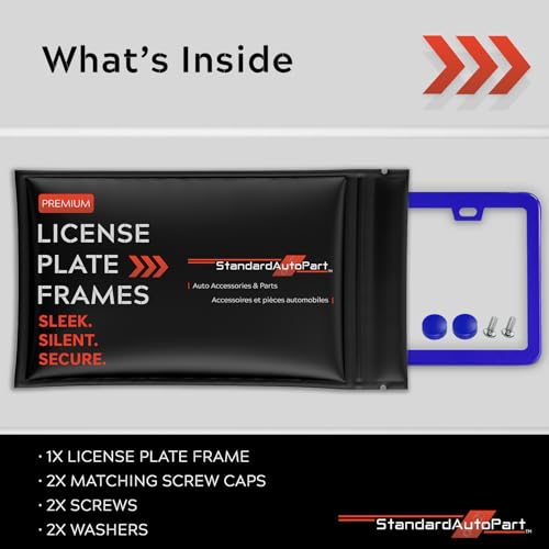 Image of Premium Slim Blue License Plate Frame - 1 Piece, Rust-Free Stainless Steel & Rattle-Free, Street Legal, Universal with Screw Caps, Thin Edged Metal Front or Rear Car Tag Holder Unisex