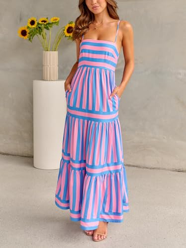Image of Women Spaghetti Strap Flowy Long Dress Boho Floral Square Neck Maxi Dress Summer A-Line Dresses for Beach Vacation