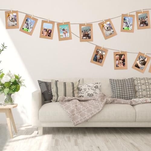 30 Stk Papier Bilderrahmen, Kraftpapier Fotorahmen, 15.2x11.5cm Karton Bilderrahmen zum Basteln, Fotogirlande zum Aufhängen mit Holzklammern & Hanfseil für Hängende Wanddekoration Zimmer Deko