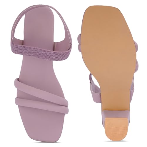 Image of SKOLL Women's Low Block Heel Strappy Sandals, Comfort Elastic Ankle Strap Open Toe Heeled Sandals, Casual Dressy Walking Sandals with Dual Front Straps