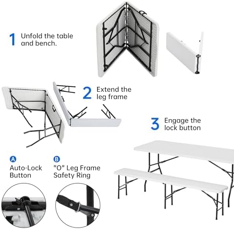 6 FT White Picnic Folding Table Set with 2 Benches, Portable Patio Dining Sets for Backyard, Lawn, Event, Party, Camping - 5