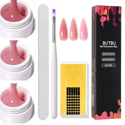 BUTBU Kit Gel de Uñas Para Constructor, 3 PCS Gel de Extensión de Uñas, con Cepillo, Lima de Uñas y Soportes, para Principiantes y Profesionales (Rosa, Desnuda, Rosa Pálido)