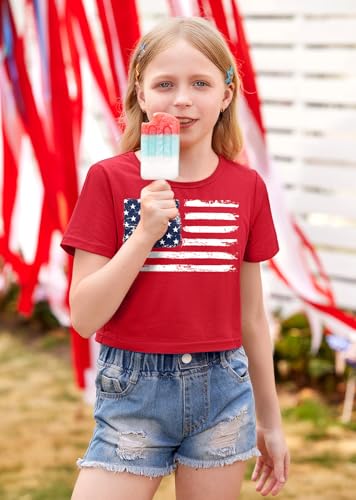 Image of BesserBay Kids Girls 4th of July Crop Tops American Flag Red White Blue Patriotic Bows USA Flag T-Shirts 6-14 Years