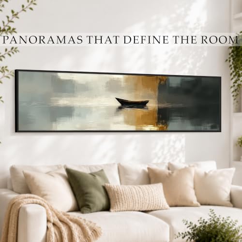 Image of Boat In The River Modern Abstract Art Wall Painting for Living Room, Home and Office Wall Decoration - 13x47 Inch