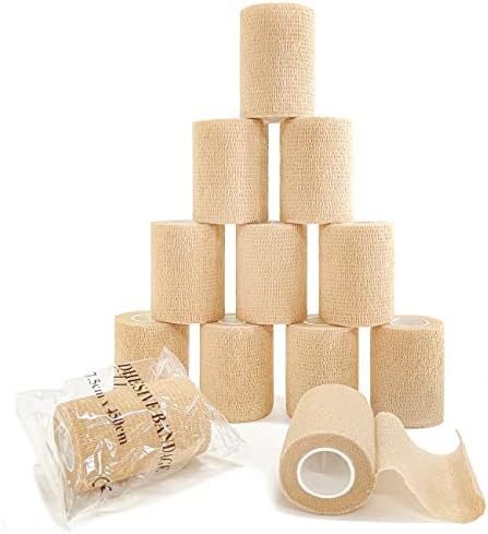Self Adhesive Bandage Wrap(12 Pack, 3 Inch x 5 Yards), First Aid Medical Cohesive Bandage Tape, Breathable Elastic Sports Athletic Tape Wrap for Ankle, Wrist, Knee, Foot Sprains & Swelling(Tan)