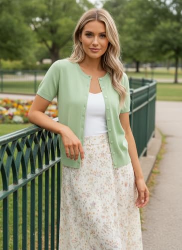 Image of GRACE KARIN Women Short Sleeve Cardigan, 2026 Summer Knitted Sweater Tops, Basic Crew Neck Crop Outfits