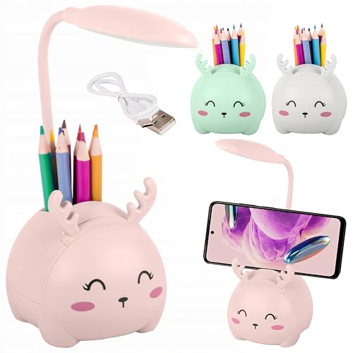 Lampara Escritorio Led Intantil Con Portalápices, Lampara Escritorio Niño, Lampara Escritorio Niña, Lampara De Mesa led, Lamparas De Mesa Infantiles Reno, Flexo Led Escritorio Infantil USB (Rosa)
