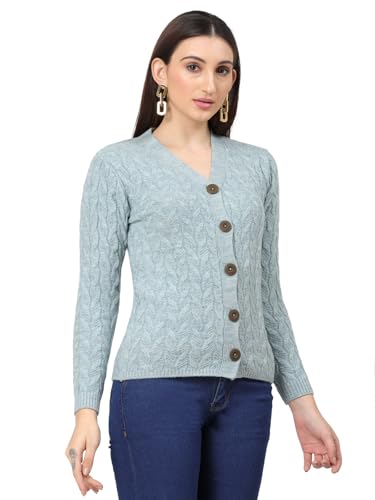Image of Kalt Women Full Sleeves Cable Button Acrylic V-Neck Sweater