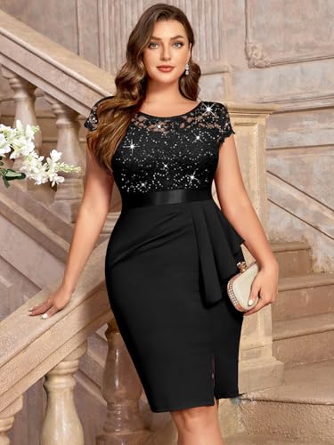 MISSMAY Women's Plus Size Sequin Floral Lace Ruffle Split Elegant Cocktail Party Dress3