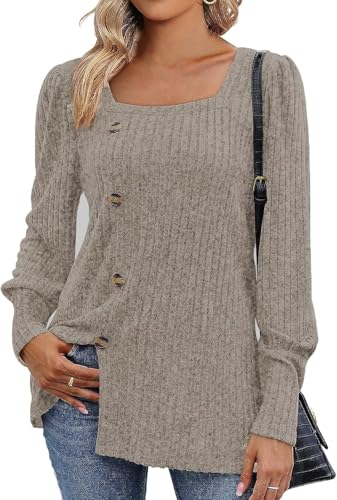 Womens Long Lantern Sleeve Pullover Tops Dressy Casual Square Neck Button Sweaters Fashion Trendy Tunic Shirts (Coffee,X-Large)