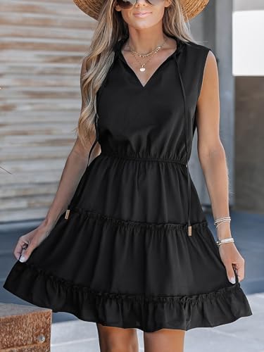 Image of CUPSHE Womens Summer Dresses Tie Neck Sleeveless Tiered Ruffle A-Line Tunic Mini Dress