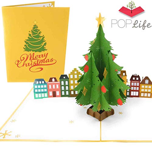 PopLife Christmas Tree in Town Square Pop Up Christmas Card, Handmade 3D Holiday Greeting, Blank Merry Christmas Note, Small Stocking Present for Friends and Family, Naughty or Nice