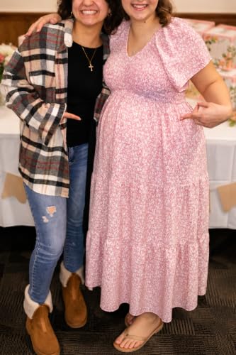 Image of Pinup Fashion Maternity Summer Dress Baby Shower Easter Pregnancy A-Line | Smocked V-neck, flutter sleeves, breathable floral fabric, bump friendly, perfect for photoshoot, spring casual,postpartum
